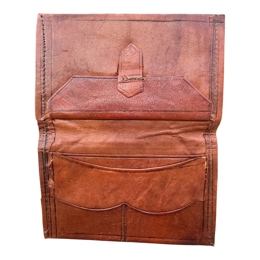 Vintage Tooled Leather Bifold Wallet Brown Boho Western Artisan Handmade